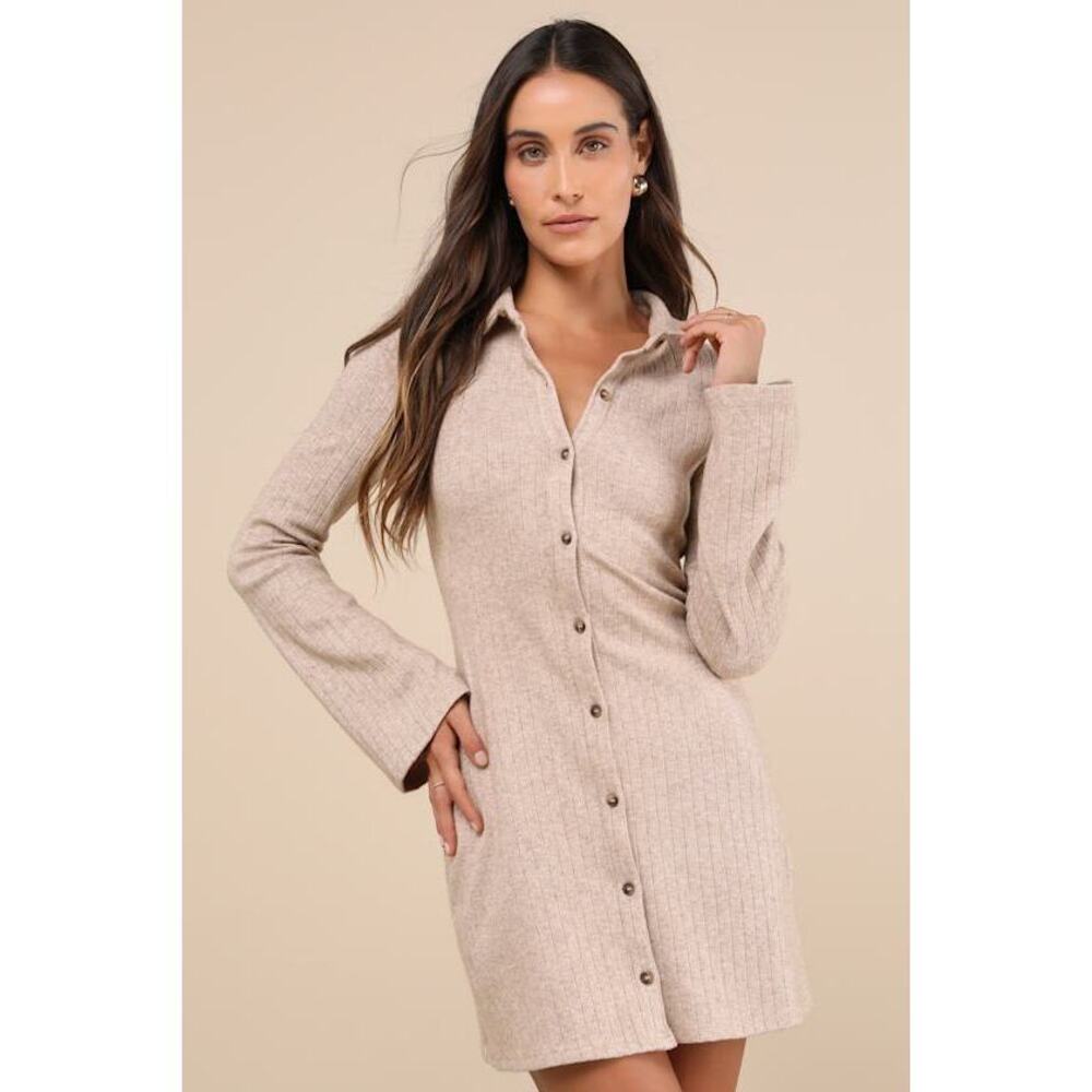 Lulus Cuddly Sweetness Heather Beige Button-front Sweater Mini Dress - Size XL